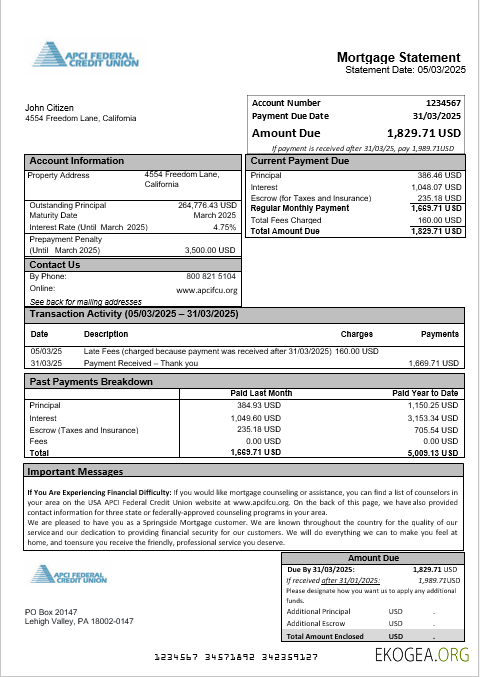 Relevé hypothécaire de l'APCI Federal Credit Union des États , Unis aux formats Word et PDF